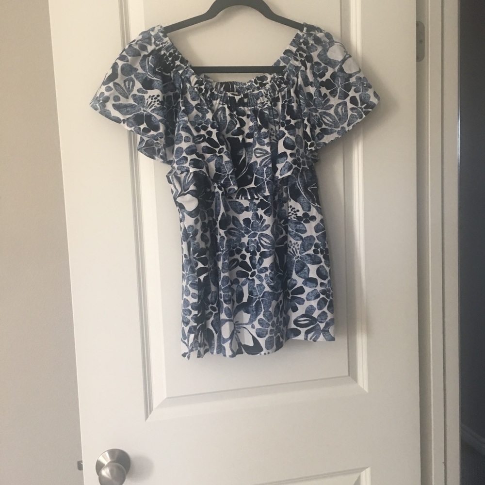Loft blue and white ruffle top.  Size XL